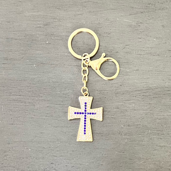 High Heels on the High Road Accessories - Gold Cross Allover Clear Blue Crystal Rhinestone 4" Keychain Key Ring Bag Charm